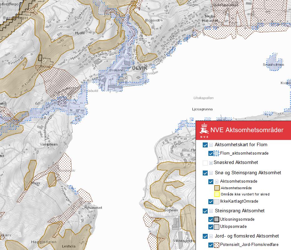 Nordplan side 16 Planprogam for detaljreguleringsplan for SeaWalk i Ulvikapollen Figur 13 Aktsemdområder i Ulvikapollen. Kart henta frå skrednett (NVE). 4.