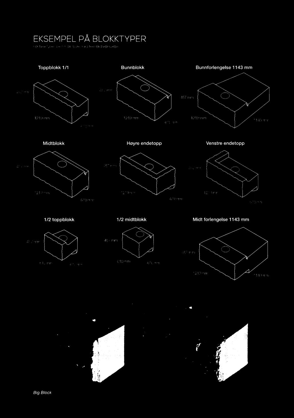 EKSEMPEL PÅ BLOKKTYPER For fere typer, be om brosjyre med teknsk beskrvese Toppbokk 1/1 Bunnbokk Bunnforengese 1143 mm 457 mm N 457 mm ; 457 mm J T219mm, 610 mm 610 mm 1219mm Mdtbokk Høyre endetopp