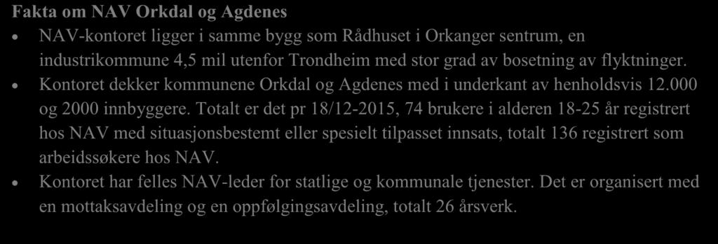 Totalt er det pr 18/12-2015, 74 brukere i alderen 18-25 år registrert hos NAV med situasjonsbestemt eller spesielt tilpasset innsats, totalt 136 registrert som arbeidssøkere hos NAV.