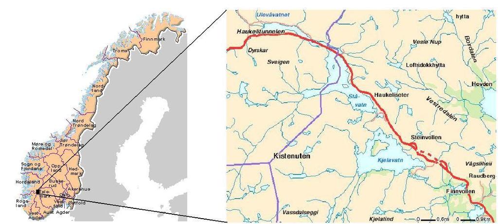 2.. Metode 2.1. Områdebeskrivelse Ståvatn (59 49 N, 7 9 E) og Kjelavatn (59 47 N, 7 13 E) er to regulerte vann oppdemt i 196, og begge inngår i Tokke- Vinjereguleringen i Vest-Telemark.