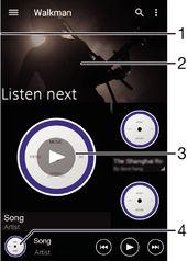 Walkman -startskjermen 1 Dra den venstre kanten av skjermen til høyre for å åpne menyen for Walkman -startskjermen 2 Bla opp eller ned for å vise innholdet 3 Spill av en sang med Walkman -appen 4 Gå