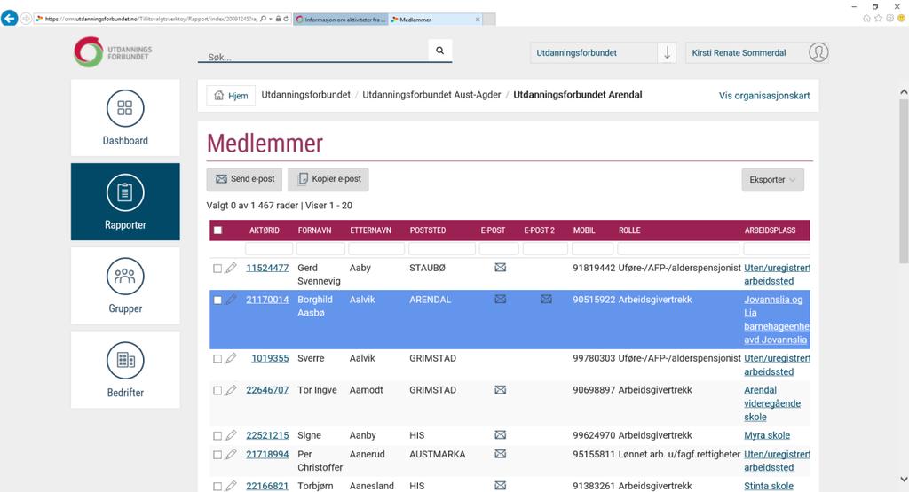 Du kan også finne medlemmet direkte fra medlemslisten klikk på Aktørid nummeret til medlemmet fra visningslista.