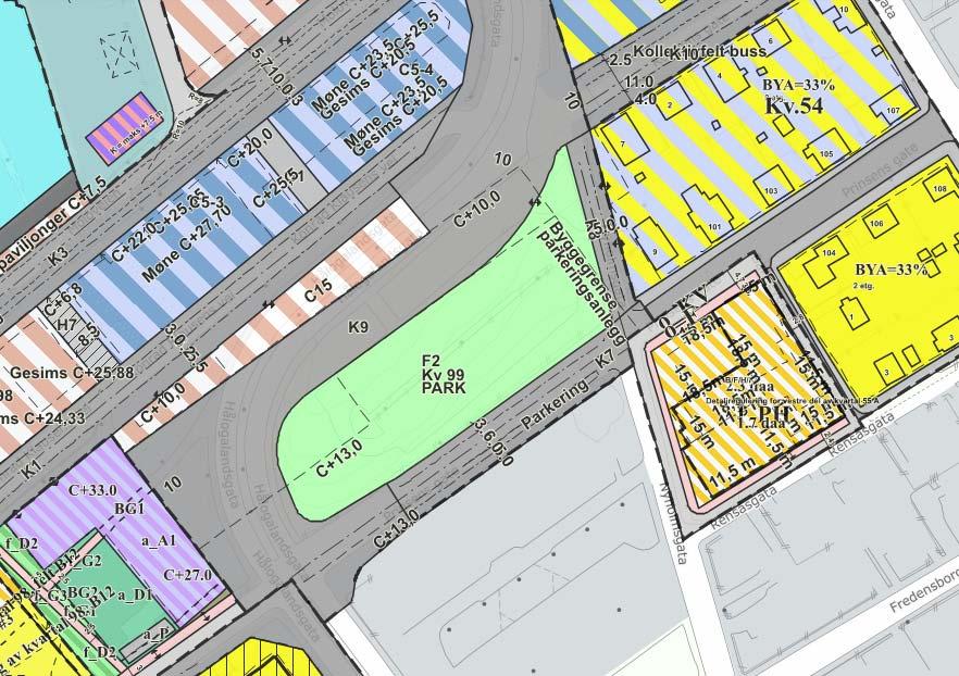 Detaljregulering kvartal 99, Bodø sentrum, plan ID 2016018 11 fra Hålogalandsgata og fra Konrad Klausens vei. Parken over parkeringsanlegget kan ligge på høyde med Prinsens gate (kote +15).