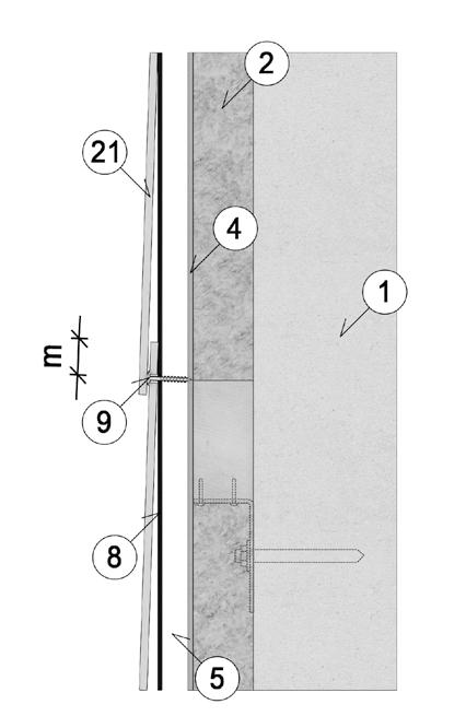 25 mm fra platekant b Fugebredde 8 mm Vertikal snitt skjult innfestning m 1 Bærende vegg 2 Isolasjon 4