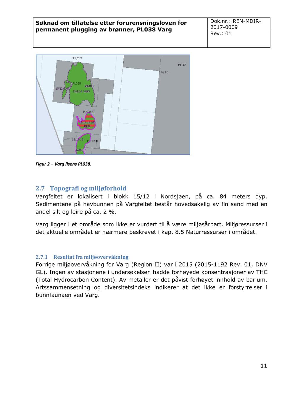 Figur 2 Varg lisens PL 038. 2.7 Topografi og miljøforhold Vargfeltet er lokalisert i blokk 15/12 i Nor dsjøen, på ca. 8 4 meters dyp.