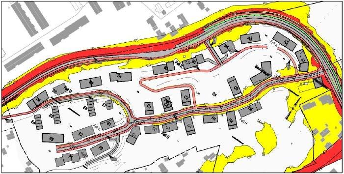 Støysonekart +4 m over planlagt terreng uten skjerming For vestvendte leiligheter i A2 bør planløsning og plassering av balkonger vurderes nærmere.