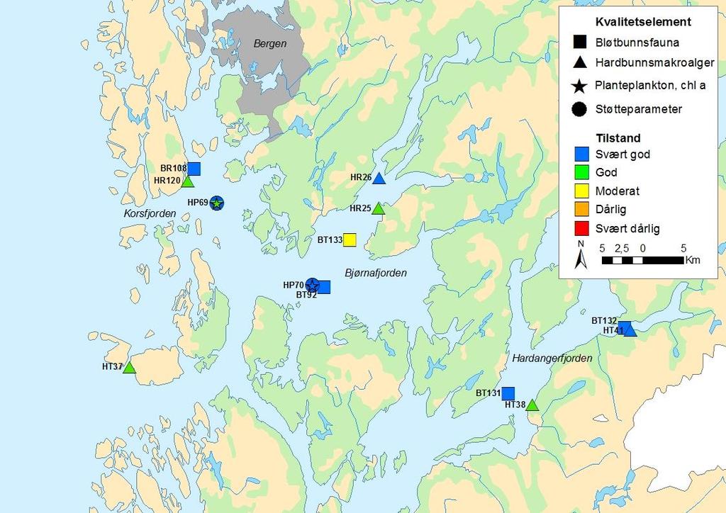 Tabell 2. Tilstandsvurdering av vannforekomster i Hordaland. Farge indikerer tilstandsklasse basert på neqr-verdi pr stasjon og kvalitetselement.