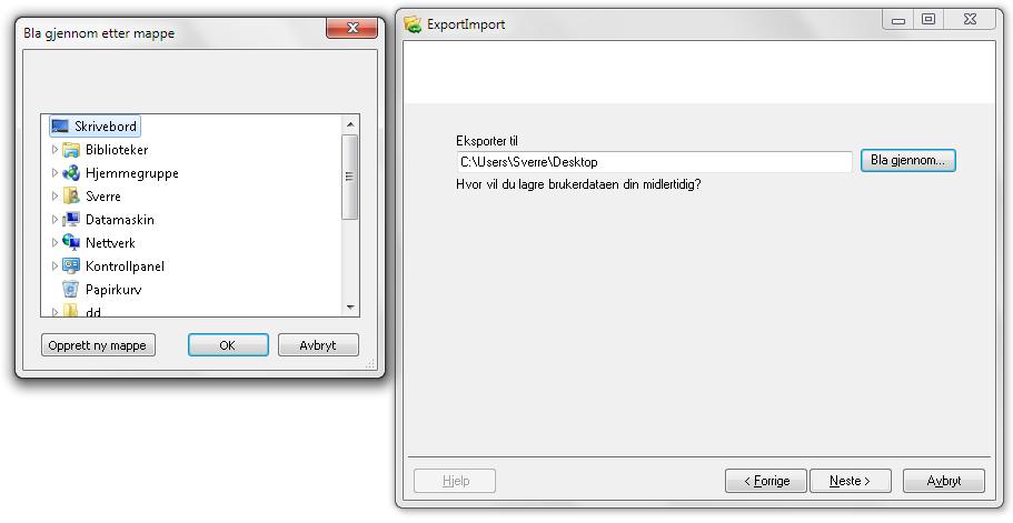 Sørg for at Eksportere brukerdata er valgt og klikk på knappen Neste. I skjermbildet som nå kommer frem skal du velge hvor du vil lagre de eksporterte brukerdataene.