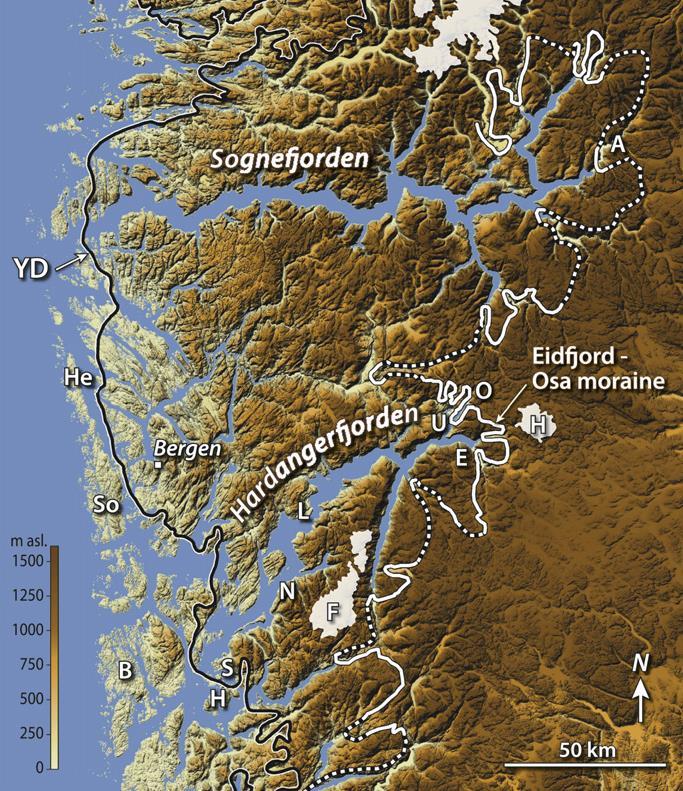 Kapittel 2. Områdebeskrivelse og teori 2.6 Hardangerfjorden i YD: to teorier Det er to teorier som dominerer debatten om når Hardangerfjorden sist ble isfri.
