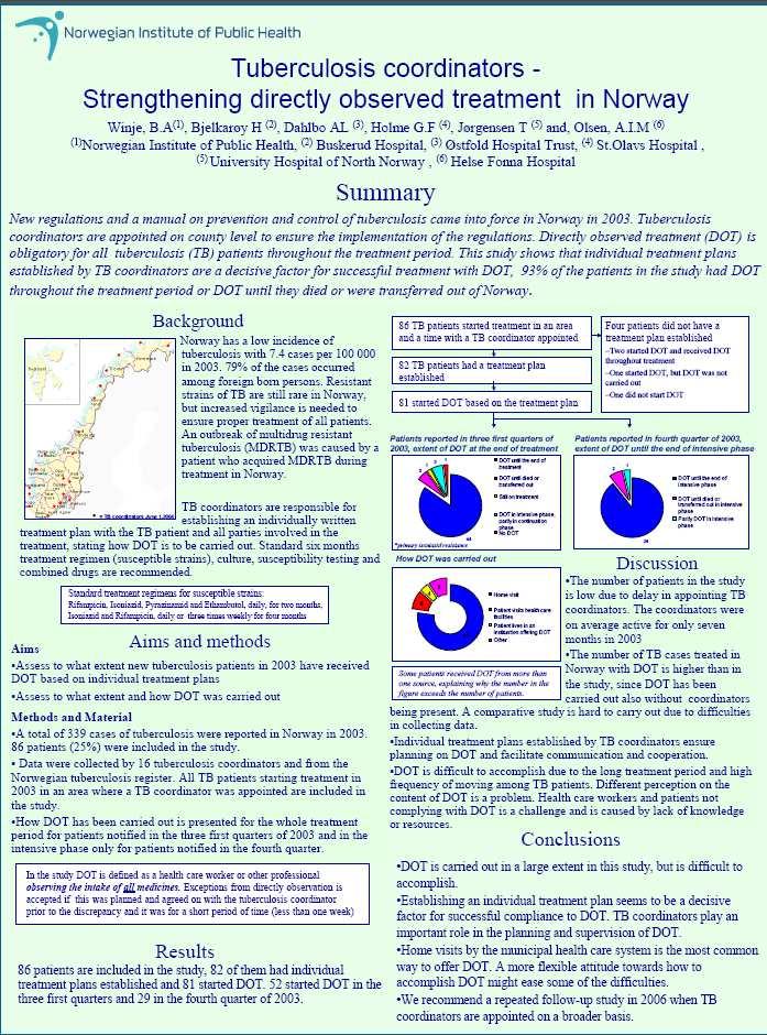 DOT i 2003. Studie av FHI og TB koord fra de 5 helseregionene Poster presentert påden europeiske tuberkulosekonferansen i Moskva 2004: -339 TB tilfeller i 2003-86 pasienter (25%) inkludert i studien.