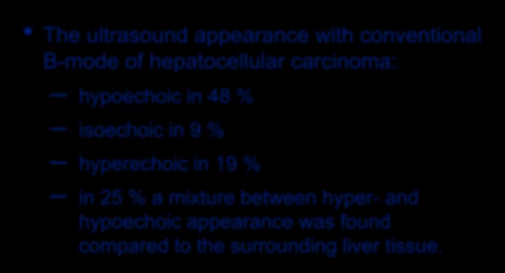 US-Diagnosis of HCC The ultrasound appearance with conventional B-mode of hepatocellular carcinoma: hypoechoic in 48 % isoechoic in 9 % hyperechoic in 19 %