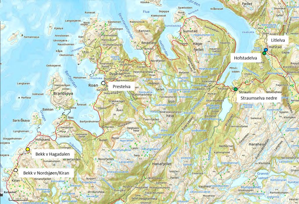 Figur 2. Kart over prøvetakingslokalitetene i Roan kommune i Nordre Fosen vannområde september 2016.