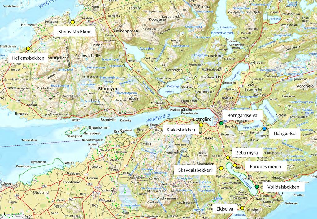 Figur 4. Kart over prøvetakingslokalitetene i Bjugn kommune i Nordre Fosen vannområde september 2016.