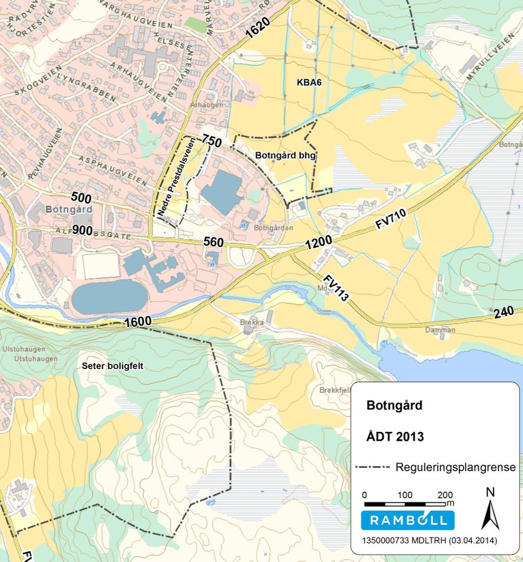 OMRÅDEREGULERING BOTNGÅRD ØST Figur 1: ÅDT 2012 og 2025 Det er i reguleringsplanen vist sammenhengende gang- og sykkelveger gjennom hele planområdet og etablering av gang- og sykkelveger langs