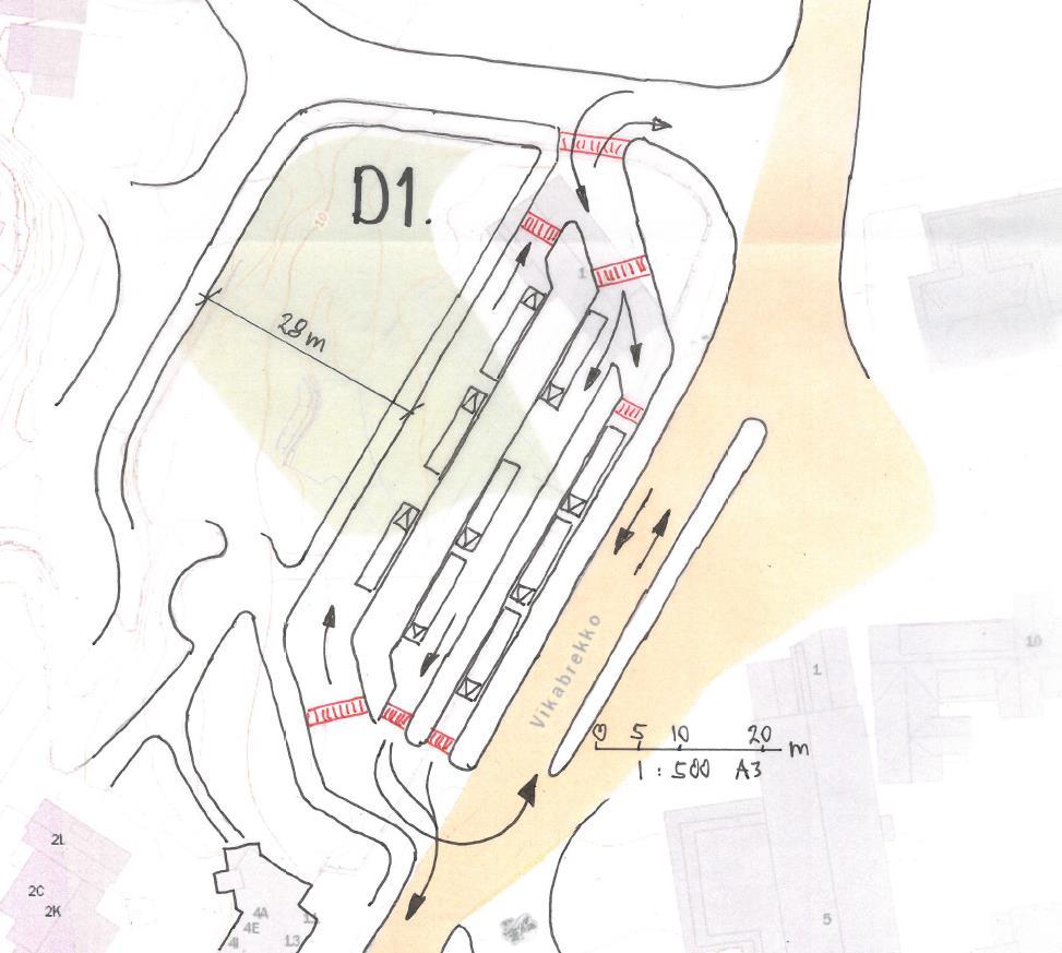 14 4.1 D1 Fv544 grøntarealet Figur 4 Fv544 Grøntareal stor, alt D1 Terminalen er lokalisert på dagens grøntareal og består av én sentraløy og to sideplattformer. Kapasiteten er 9 samtidige busser.