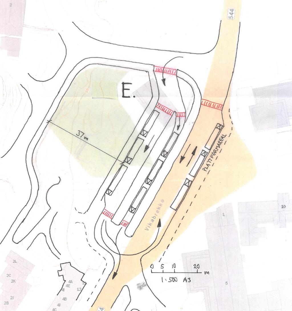 18 4.3 E Fv544 Gamle bussterminalen v/grand Figur 6 Fv544 gamle bussterminal v/grand, alt. E Løsningen er en gateterminal med sideplattform på østsiden og to parallelle plattformer på vestsiden.