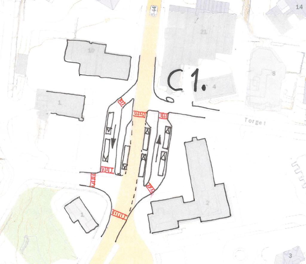 42 C1 Fv544 nord Gateterminal med stoppesteder og sideplattformer på begge sider av fylkesveien foran Rådhuset Enveis busstrafikk Kapasitet 8 busser Terminal Fv544 nord alt.