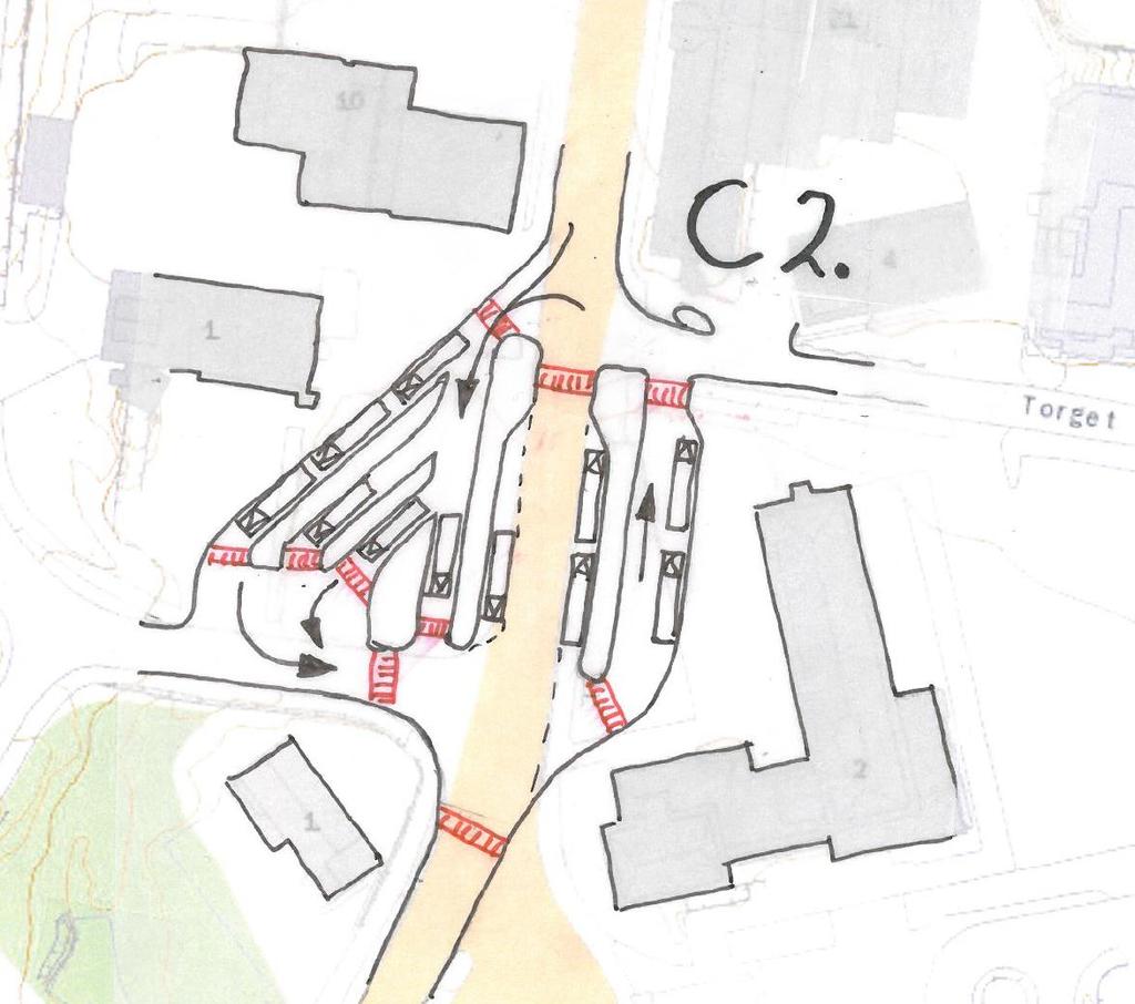 44 C2 Fv544 nord Gateterminal med stoppesteder og sideplattformer på begge sider av fylkesveien foran Rådhuset Enveis busstrafikk Kapasitet 11 busser Terminal Fv544 nord alt.