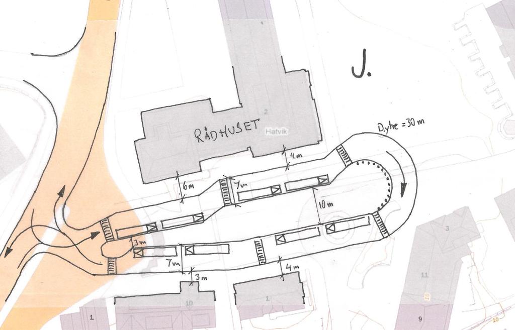 48 J Foran Rådhuset Arealet mellom Rådhuset og Grand hotell benyttes til ny terminal. Løsningen kobles til Fv544 med et Tkryss. Alt.