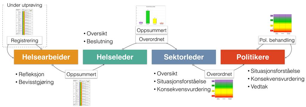 Om arbeidsprosesser og videre bruk av skjema Det skjemaet som er utarbeidet og såvidt prøvd, er første steg i en prosess som går fra den operative helsearbeideren helt opp til administrativ og