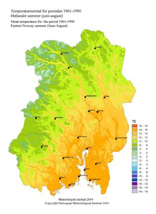 Kartillustrasjonene gir et bilde av normaltemperaturen på Østlandet (sommer & høst) Figur 3 og 4.