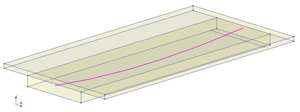 Kapittel 10. Elementanalyse av forankringslast Figur 10.2: Geometri med endetverrbærer i DIANA Spennkabelen modelleres som en line eller curve, avhengig av hva som er aktuelt. Figur 10.3 viser modellering av en parabelformet spennkabel i senter av overbygningen.