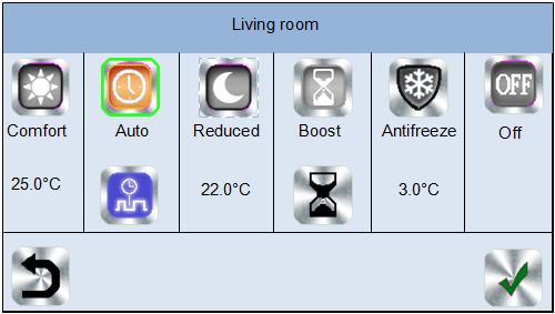 Auto-modus : I denne modusen følger romtemperaturen det valgte programmet. Du kan velge mellom eksisterende programmer, eller du kan opprette et nytt som du tilpasser etter behov.