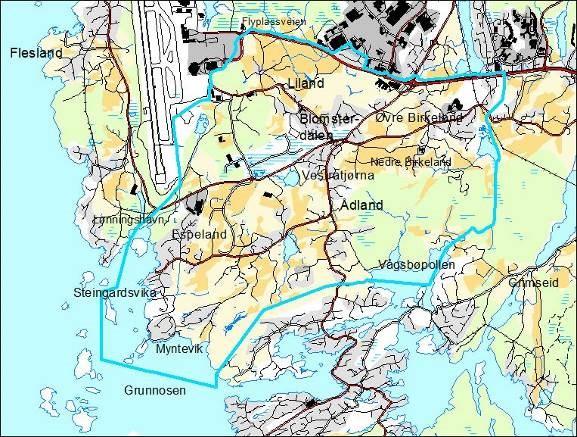 Birkeland, boliger ved Ådland og næringsbebyggelse ved Liland, Lønningen og Espehaugen (KDP BLÅE).