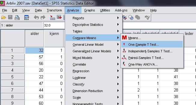 Slutningsstatistikk - konfidensintervall For å få SPSS til å beregne et konfidensintervall rundt et gjennomsnitt kan kommandoen ONE-SAMPLE T-TEST