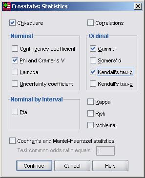 Merk av for Column under Percentages (dersom uavhengig variabel er kolonnevariabel). Trykk på knappen Continue for å godta valget. Du kommer da tilbake til den opprinnelige dialogboksen.