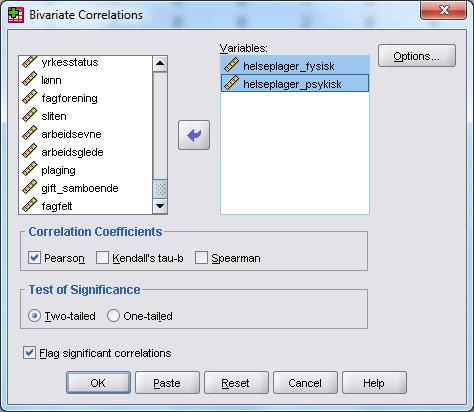 Klikk inn de ønskede variablene i feltet kalt Variables: Klikk deretter på OK for å gjennomføre korrelasjonsanalysen. Det kommer kun en tabell i output-filen.