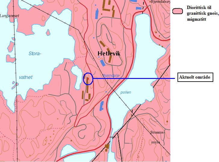 Figur 2: Berggrunnskart over aktuelt område. (www.ngu.no) Sprekkeforhold Det er ikke gjennomført noen detaljert sprekkekartlegging, men det er registrert følgende sprekkesystemer i området.