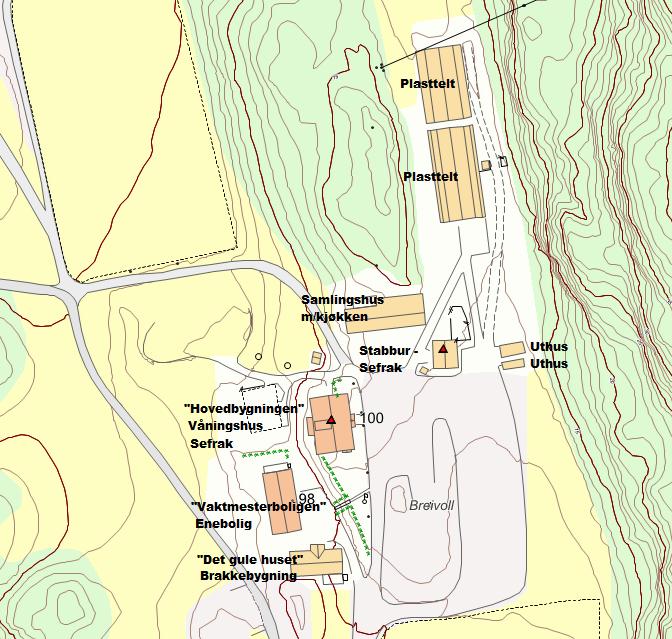 Bygningene på Breivoll: Breivoll består av følgende bygninger Samlingshus med spisesal og peis, kjøkken, stableloft og stablekjeller Stabbur i 2 etasjer Våningshus med alle bofunksjoner