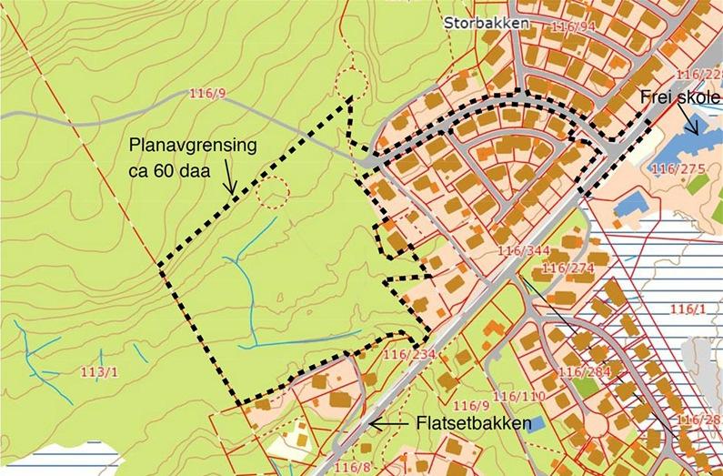 Planområdet er på ca. 60 daa og er vist i Figur 1 og Figur 2.