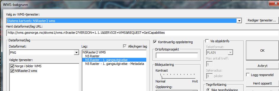 Velg WMS-tjenseste Finnes ikke Norge i bilder WMS eller N5raster2 WMS i din nedrekksmeny, kan man skrive inn URL adressene nedenfor, under fanen rediger tjenste-ny tjeneste URL adresse Øk-raster: