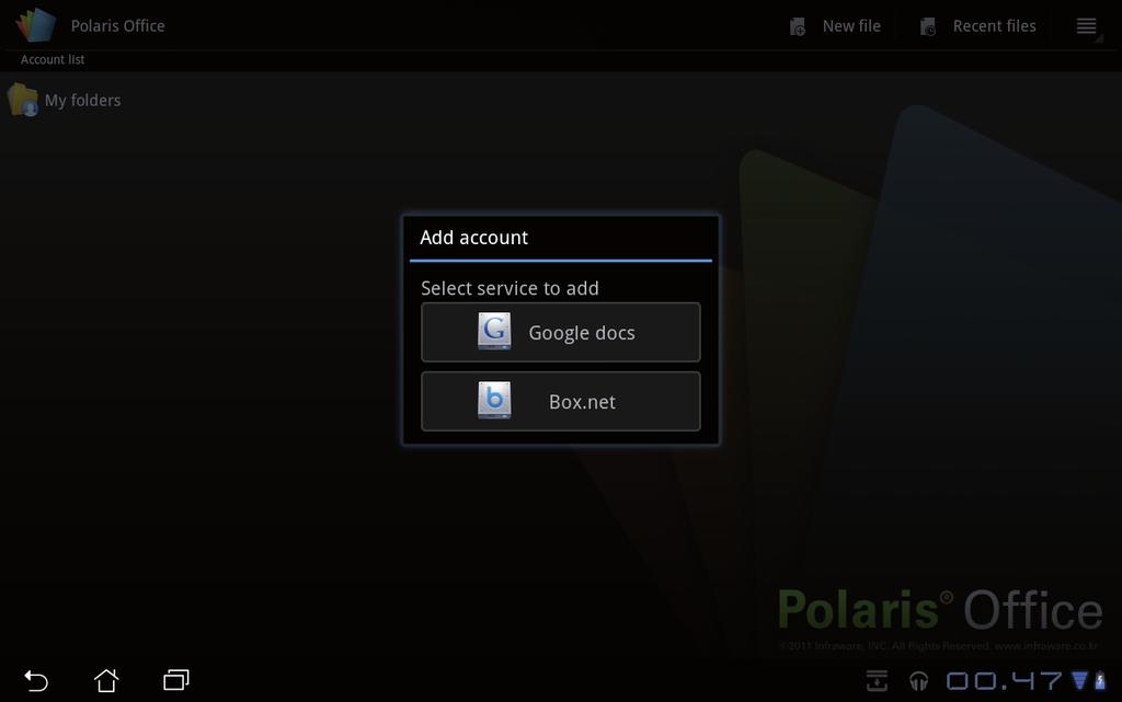 Legge til kontoer Du har anledning til å bruke Polaris Office til å redigere filer fra andre kontoer, inkludert Google docs og Box.net. 1.