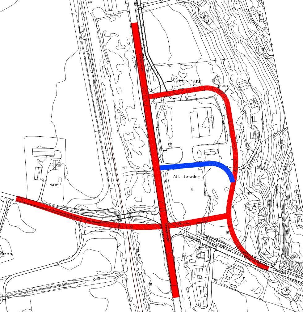 Figur 5: Alternativ 1 med bru over E6 og jernbanen. Blå strek skisserer alternativt kryss til E6 2.2.2 Alternativ 2 8(14) For dette alternativet fins det to mulige varianter.