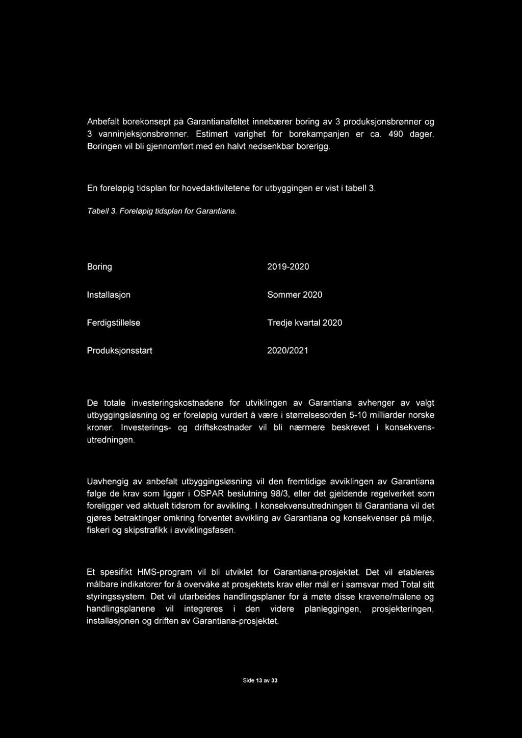 2.6 Boring og brønn Anbefalt borekonsept på Garantianafeltet innebærer boring av 3 produksjonsbrønner og 3 vanninjeksjonsbrønner. Estimert varighet for borekampanjen er ca. 490 dager.