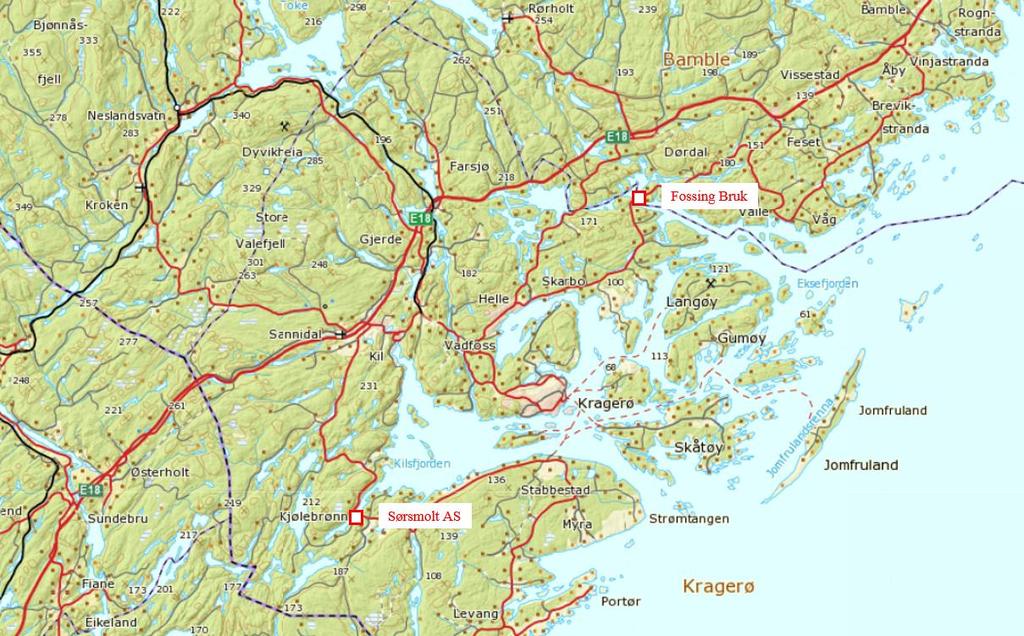 Figur 1. Oversiktskart over nedre Telemark med Kragerø kommune, der Fossing Bruk ligger litt nord for sentrum og Sørsmolt sør for Kragerø sentrum.