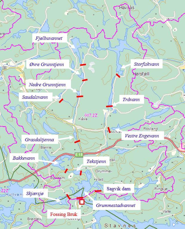 1.7 Dagens situasjon og eksisterende inngrep Det er til sammen 12 magasin med solide og delvis godt istandsatte stein- og betongdammer i vassdraget, med varierende