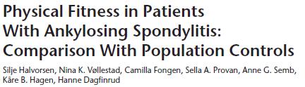 Tverrsnittsstudie, pasienter med AS vs friske kontroller: Pasientgruppa signifikant lavere kondisjon Kondisjon omvendt assosiert med sykdomsaktivitet Høyere kondisjon var med lavere BMI, mindre
