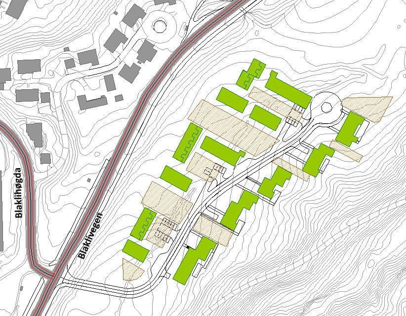 STØYUTREDNING 9 (16) Figur 3 Oversikt over plassering av nye bygninger, farget grønne, og felles uteplasser i oransje skravur. 4.