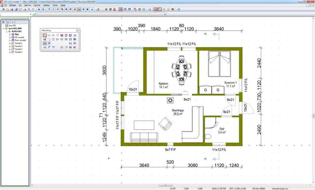 19.07.2012 Kapittel 15... 7 DDS-CAD Arkitekt Byggmester - innføring versjon 7 Utvidet målsetting Vær obs på at det er lagt til klaringsmål automatisk for åpning i vegg.