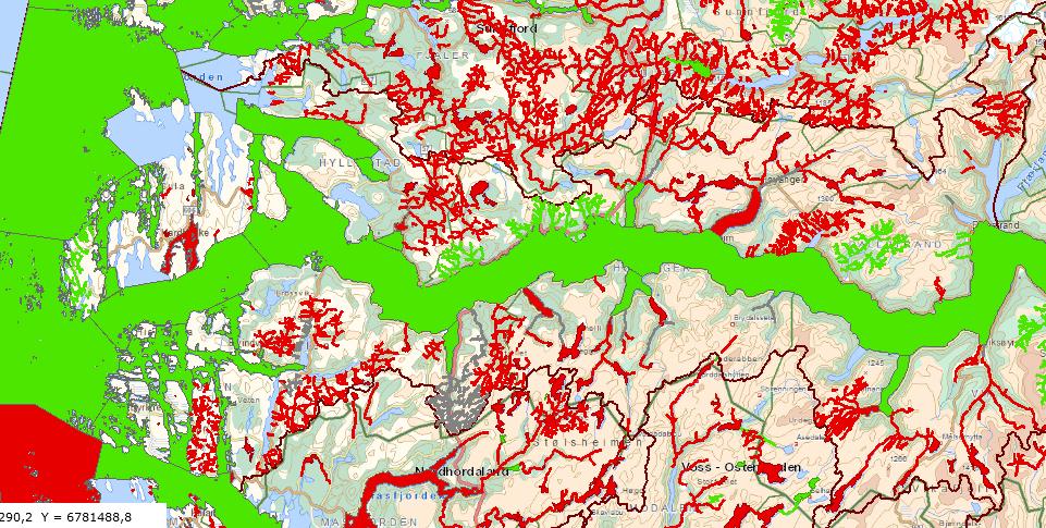 Figur 6: Oversikt over vassførekomster i risiko i Vassområde Ytre Sogn 10 MILJØMÅL Dersom fysisk påverknad fører til at ein vassførekomst ikkje oppnår standard miljømål (god økologisk tilstand og god