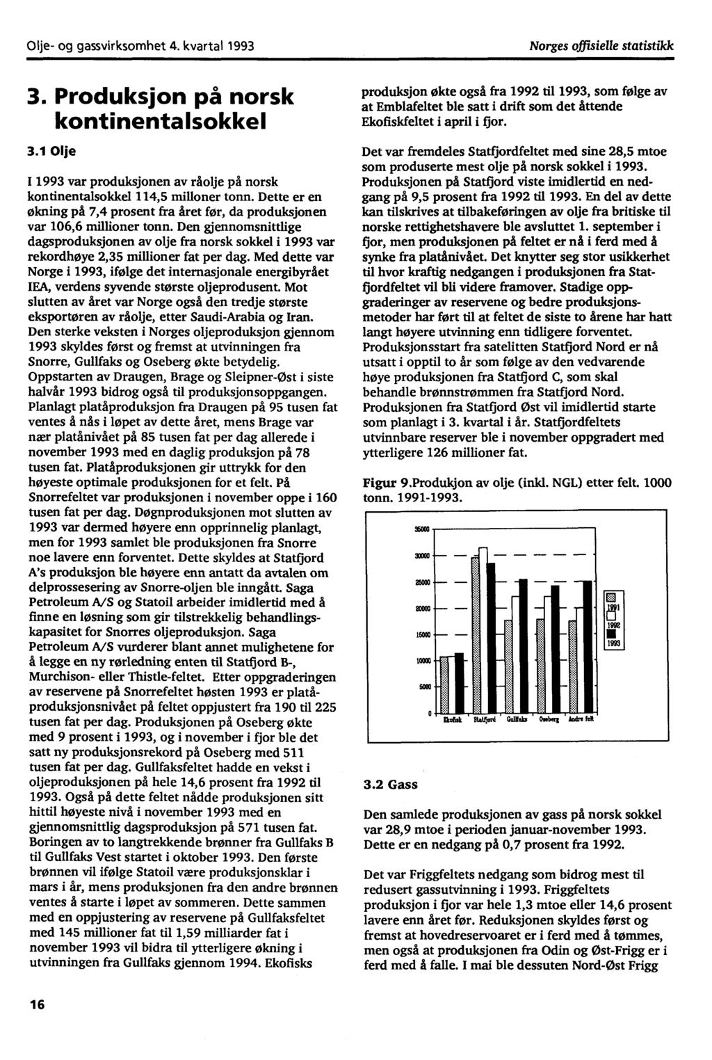 Olje- og gassvirksomhet 4. kvarta' 1993 Norges offisielle statistikk 3. Produksjon på norsk kontinentalsokkel 3.1 Olje I 1993 var produksjonen av råolje på norsk kontinentalsokkel 114,5 milloner tonn.