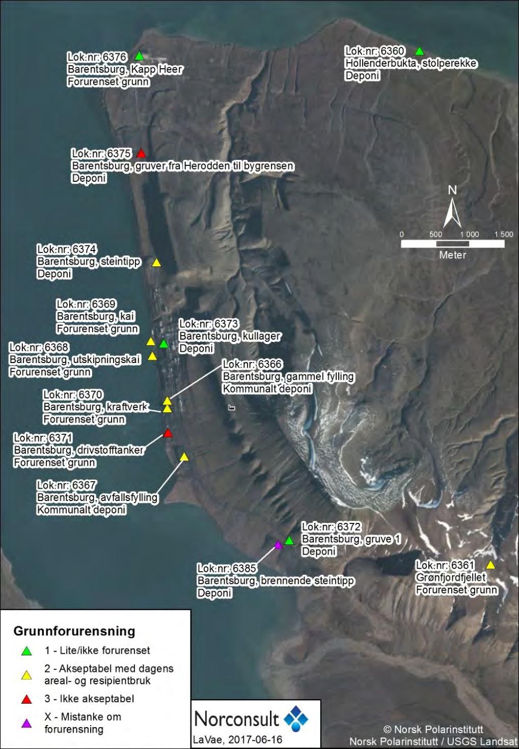 Barentsburg Grunnforurensning Miljødirektoratets database Grunnforurensning identifiserer 14 lokaliteter i og ved Barentsburg. Lokaliteter med angivelse av påvirkningsgrad iht.