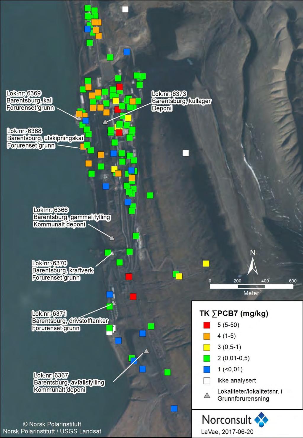 Figur 6: Barentsburg sentrum; sammenstilling av analyseresultater for PCB7 i jord, fargekodet etter tilstandsklasse