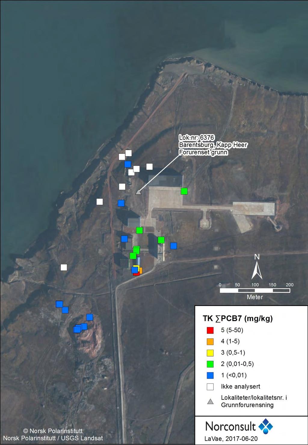 Figur 7: Barentsburg, Kapp Heer; sammenstilling av analyseresultater for PCB7 i jord, fargekodet etter