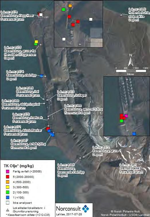 Figur 9: Barentsburg; sammenstilling av analyseresultater for mineralolje i jord, fargekodet etter tilstandsklasse for alifater