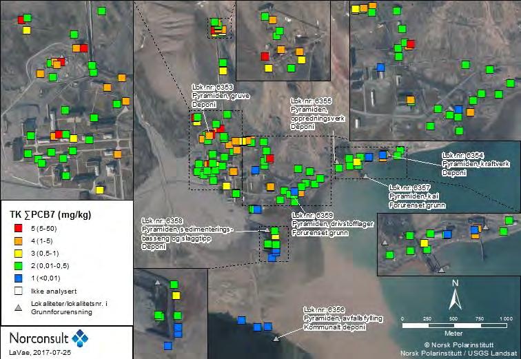 Figur 15: Pyramiden; sammenstilling av analyseresultater for PCB7 i jord, fargekodet etter tilstandsklasse iht. TA2553/2009 (SFT, 2009).